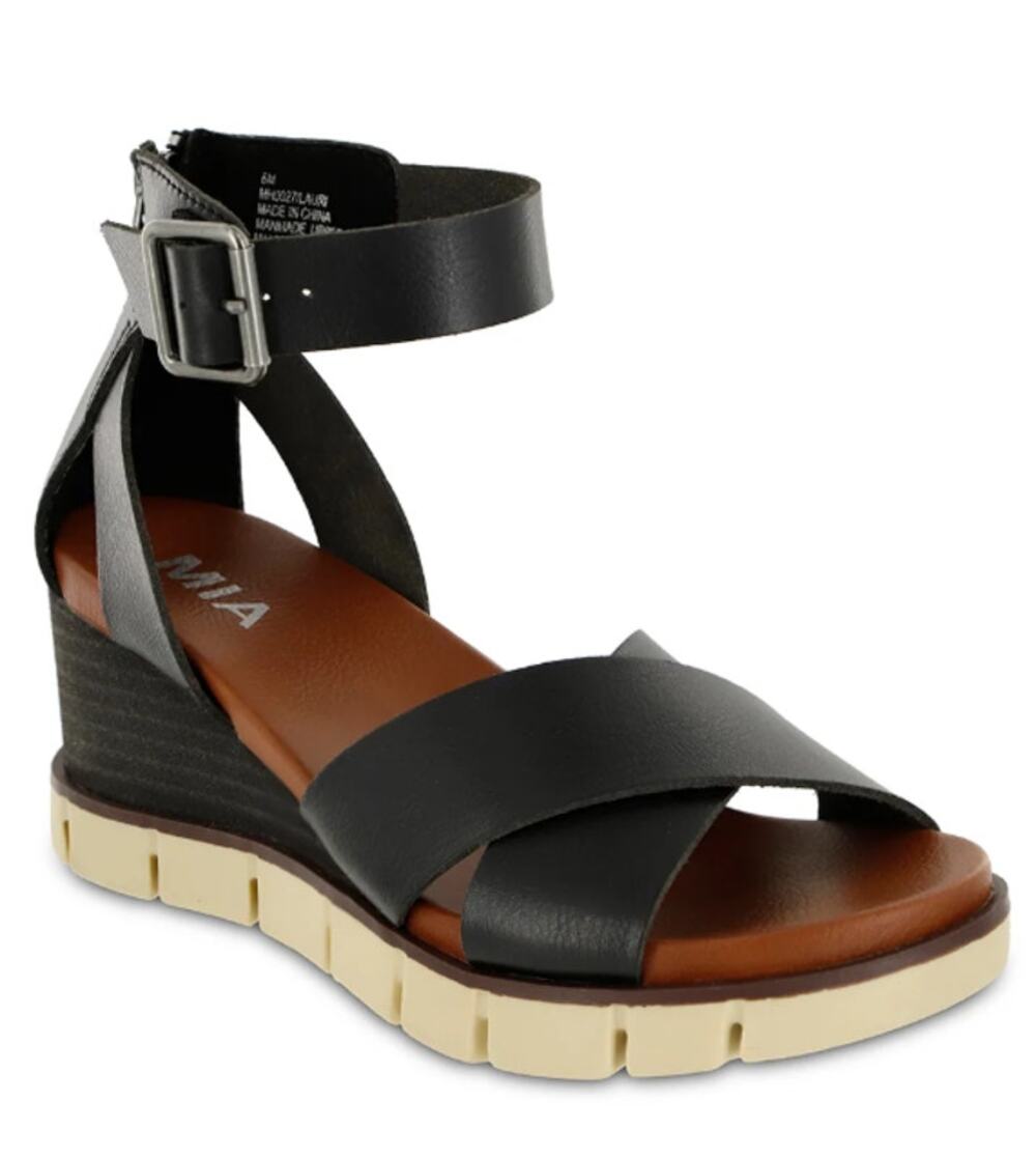 MIA Womens Lauri Platform Wedge Sandals Size 6.5 M Black Vegan Leather NWOB